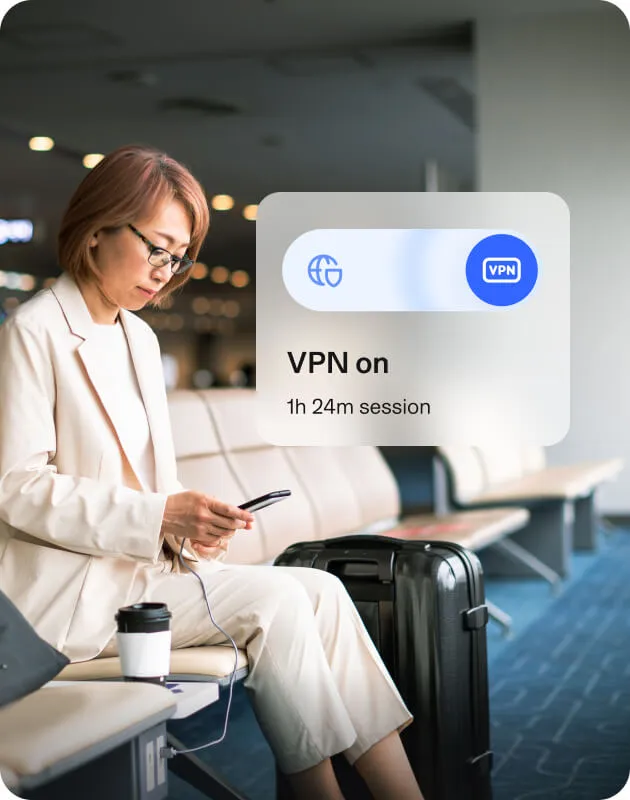 Woman at an airport using her phone with Aura’s VPN as confirmed by a popup saying the VPN has been turned for 1h 24m